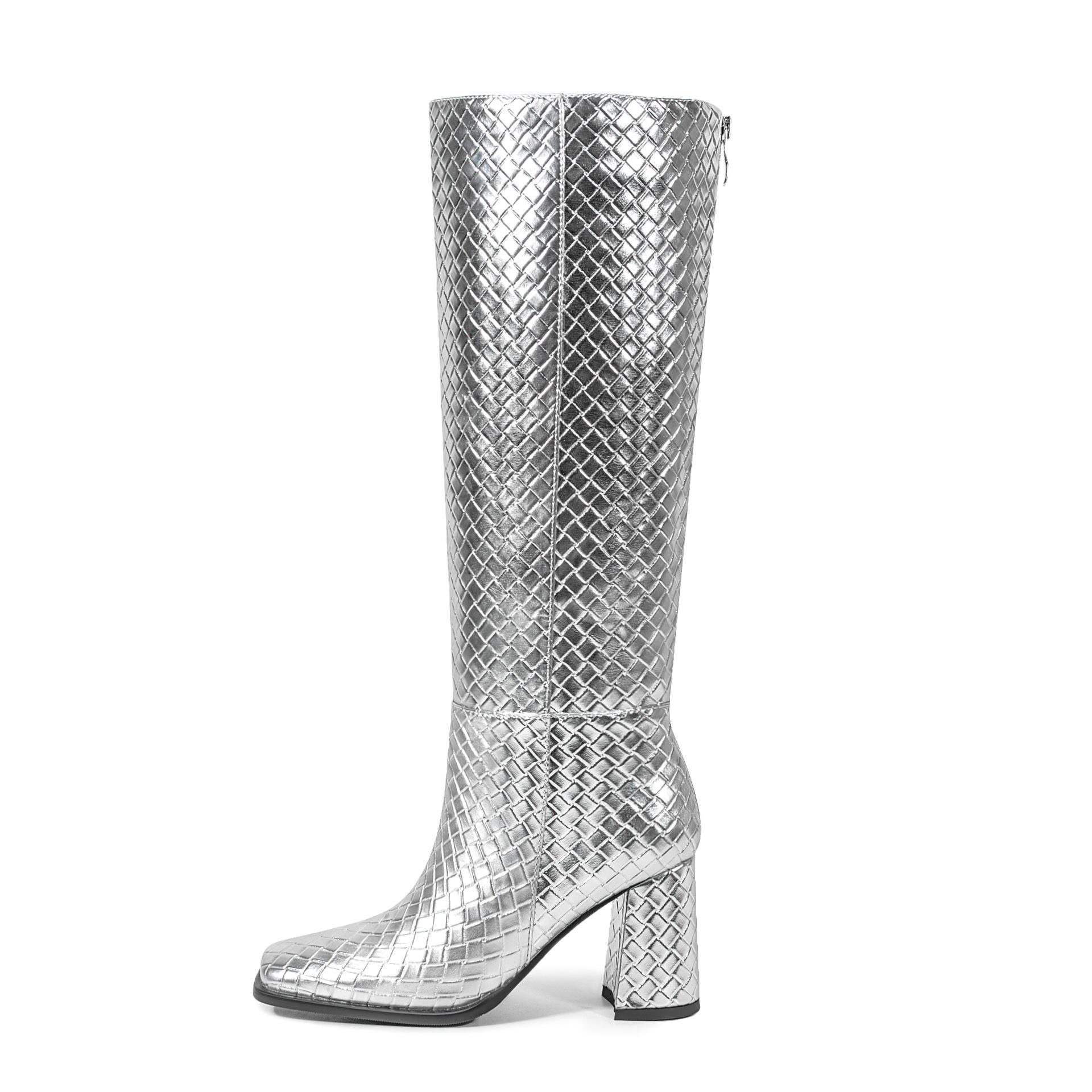 新款粗跟靴子长筒靴女银色牛皮编织高筒骑士靴显瘦方头大筒围长靴