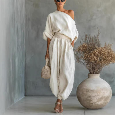 2026欧美春季亚马逊纯色气质t桖口袋百搭休闲宽松两件套时尚套装