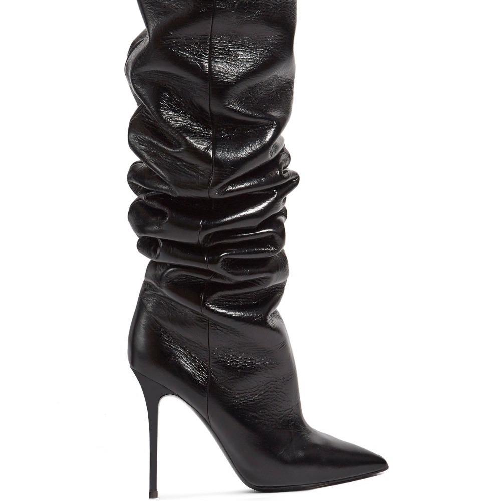 新款 欧美女士黑色尖头外贸大码褶皱细高跟一脚蹬及膝长靴Slouch