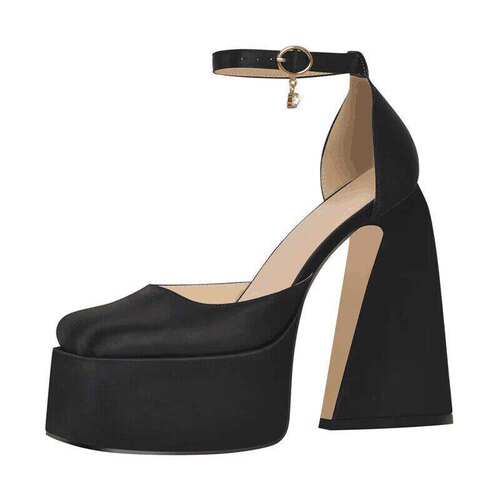 跨境欧美时装单鞋方头厚水台黑色粗跟搭扣大码女鞋chunky heel