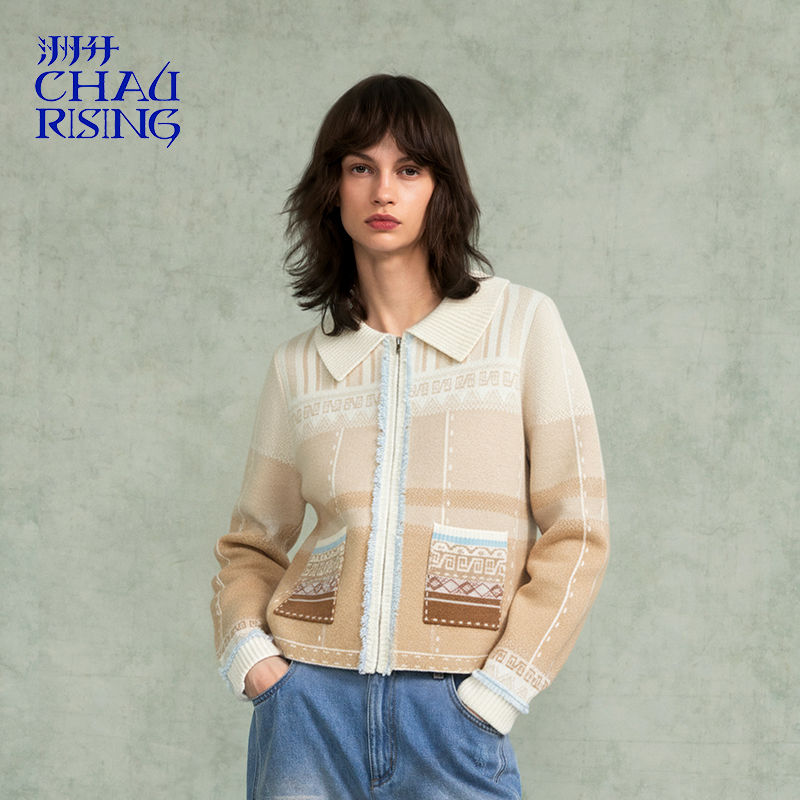 洲升/CHAU.RISING2025秋冬新款羊绒羊毛混纱短开衫复古游牧风外套