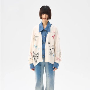 CHAU.RISING/洲升24春夏新款绣花羊毛牛仔拼接开衫女宽松毛衣外套