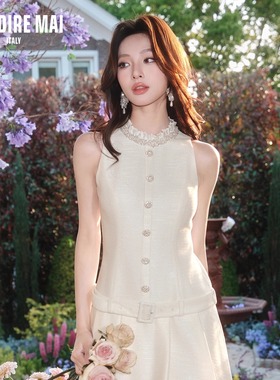 MAI DIRE MAI2025夏季新款法式水晶花领无袖收腰百褶腰带连衣裙女