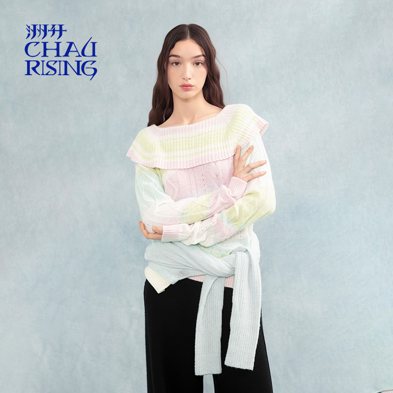 洲升/CHAU.RISING2025秋季新款一字大翻领条纹衫羊绒拼接套头毛衣