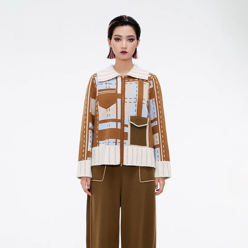 CHAU.RISING/洲升2024冬季新款撞色格纹羊绒大羊绒开衫外套上衣女