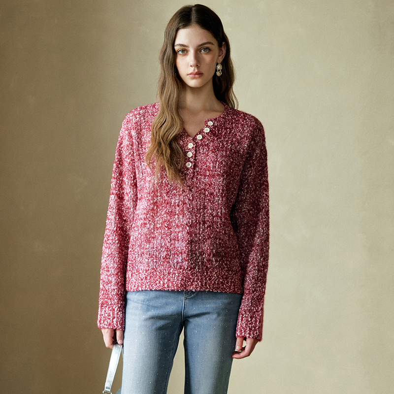 YEESIN2025秋冬新款藏红色剪刀领花纱套头衫羊绒混纺针织衫显年轻