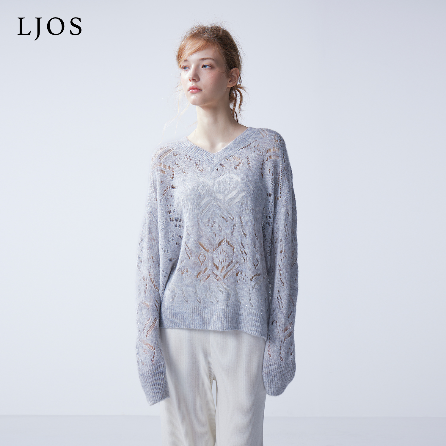LJOS｜冰山灰V领镂空亮片羊绒毛衣2025早秋灰色针织长袖上衣