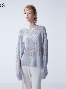 LJOS｜冰山灰V领镂空亮片羊绒毛衣2025早秋灰色针织长袖上衣