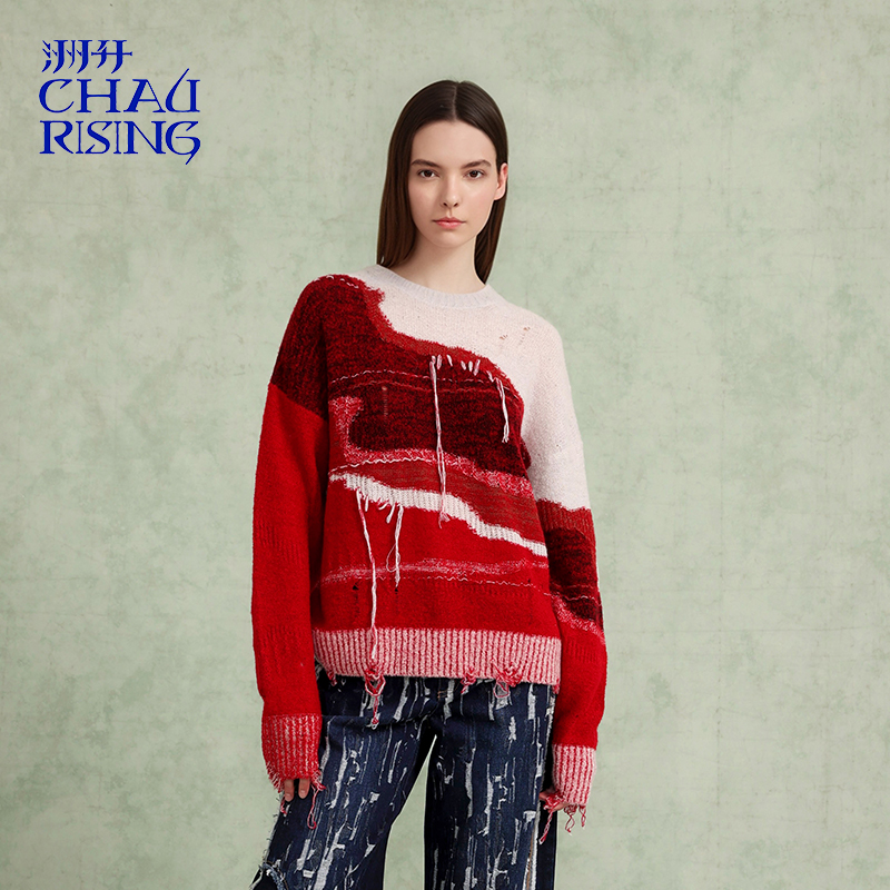 洲升/CHAU.RISING2025秋冬新款雅丹地貌圈圈羊绒套头毛衣显瘦女士