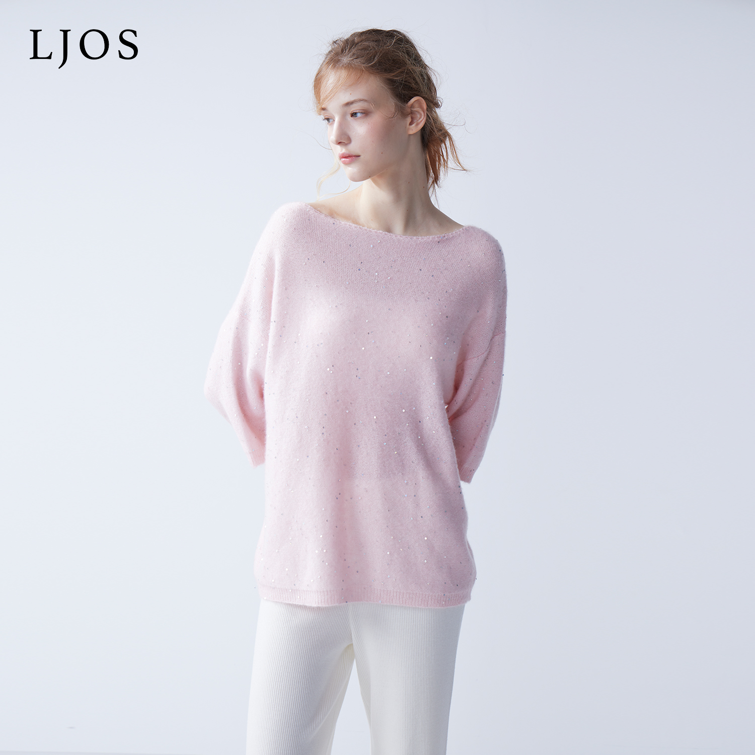 LJOS｜蔷薇粉一字肩短袖亮片羊绒毛衣2025早秋粉色长袖针织上衣