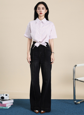 QUEEN DATE2025秋冬新款红色波点绑带短款衬衣黑色微喇牛仔裤百搭