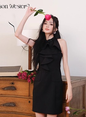 Maison Wester2025早秋新款高级感黑色重工领无袖连衣裙小黑裙女