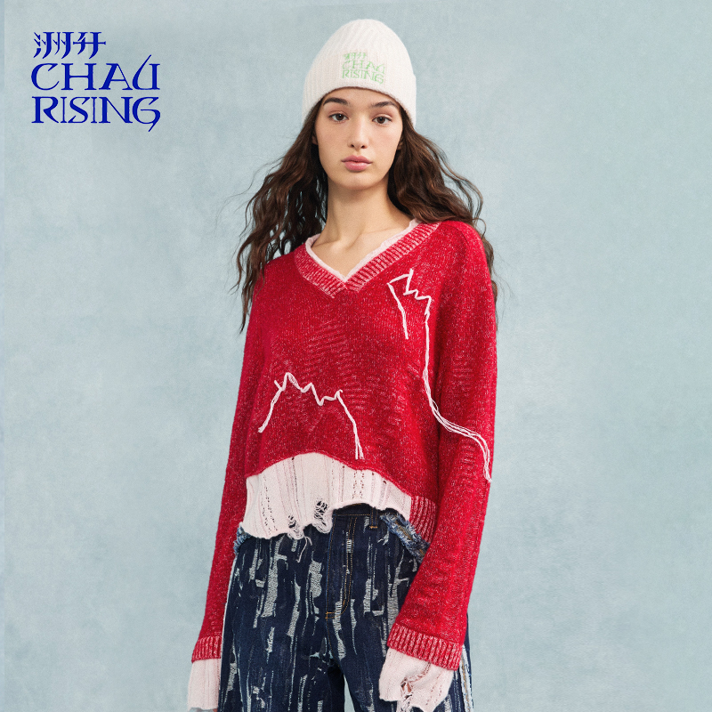 洲升/CHAU.RISING2025秋冬新款拼贴圈圈羊绒v领套头毛衣复古显白