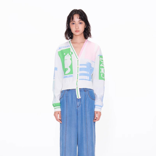 CHAU.RISING/洲升2025春夏新款洋气V领飘带提花棉开衫外套上衣女