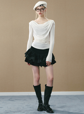 GUO JINGYI2025秋季新款白色荡领羊毛针织衫黑色灯芯绒蕾丝蓬蓬裙