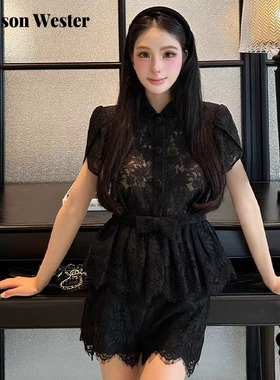 Maison Wester25秋季新品黑色蕾丝绮梦娃娃领收腰荷叶边短裤套装