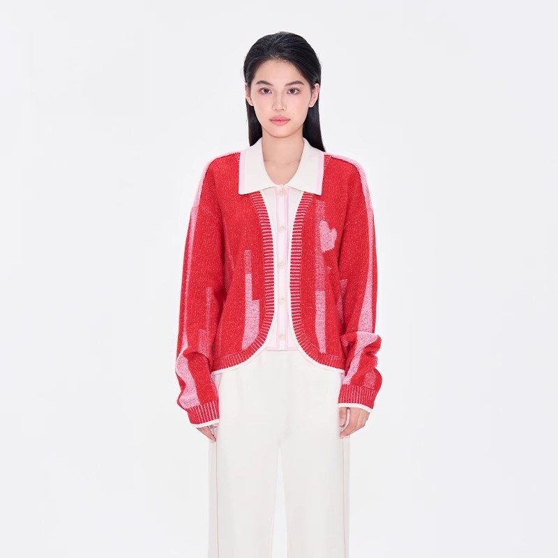 CHAU.RISING/洲升2025春季新款撞色翻领休闲羊绒开衫针织衫上衣女