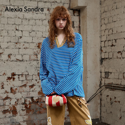 Alexia Sandra2025秋季新款经典撞色Polo领上衣解构拼接条纹长袖T