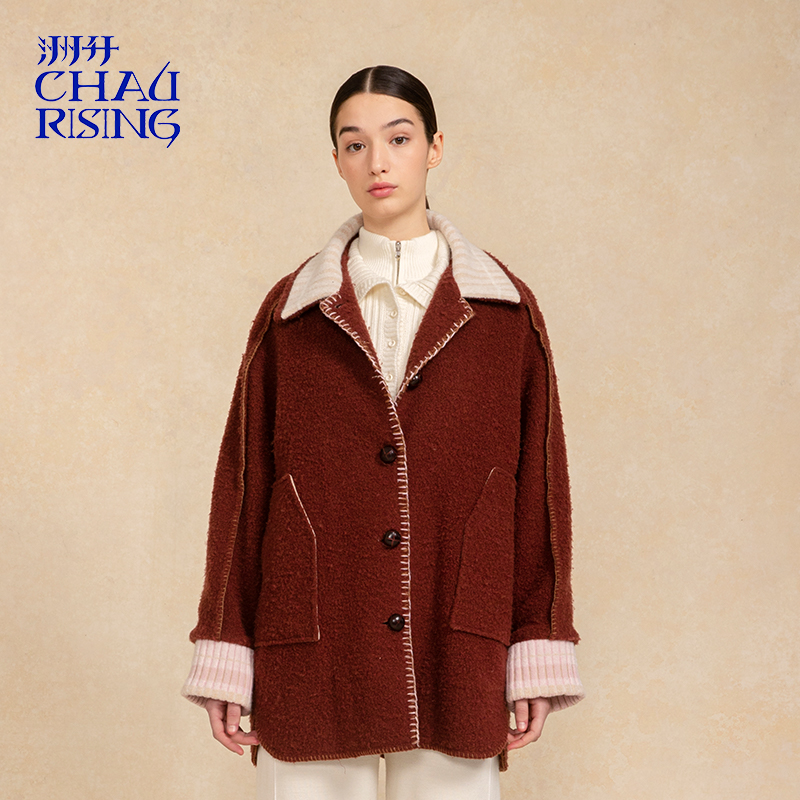 洲升/CHAU.RISING2025秋冬新款呢子拼接羊绒长外套复古保暖上衣女