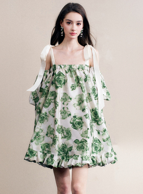 MON MYSTERE 设计师品牌2024春夏新款绿色灯笼袖宽松吊带连衣裙女