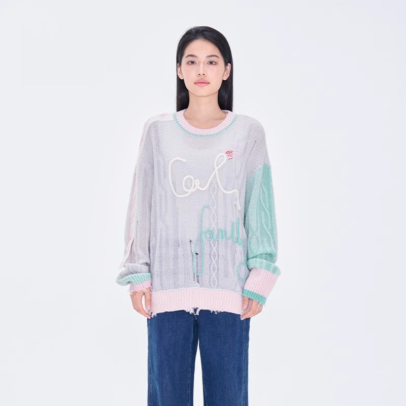 CHAU.RISING/洲升2025春季新款圆圈羊绒撞色绣花罩衫套头衫上衣女