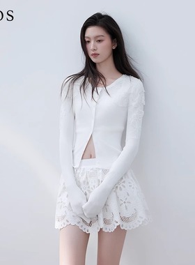 LJOS2025春夏新款暮雪白色蕾丝针织开衫女上衣显瘦气质修身针织衫