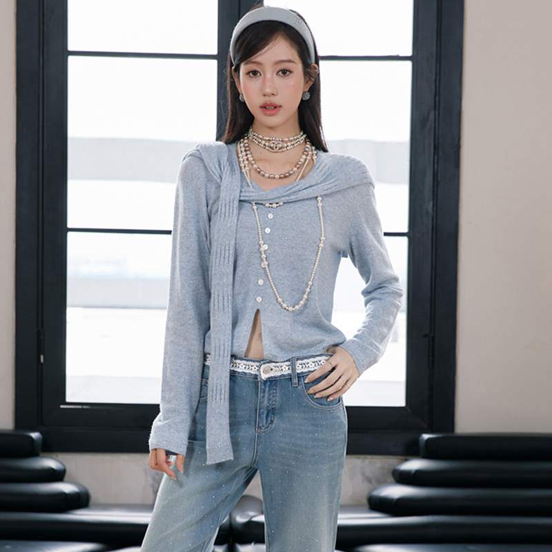 YEESIN2025秋冬新款蓝色羊绒亚麻混纺披肩针织套头衫软糯显白百搭