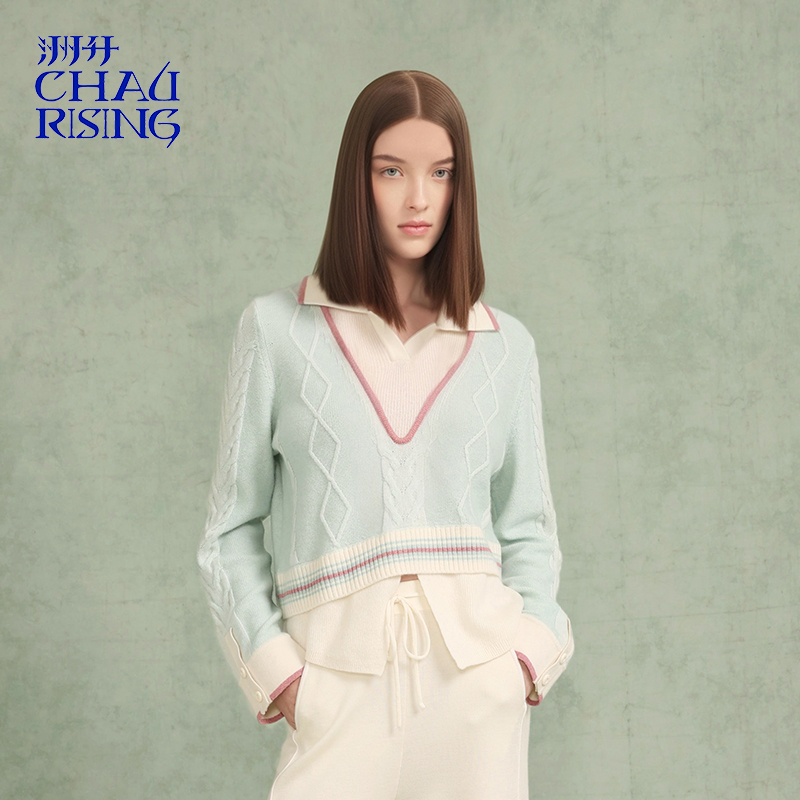 洲升/CHAU.RISING2025秋冬新款假两件绞花POLO衫浅色打底毛衣女士