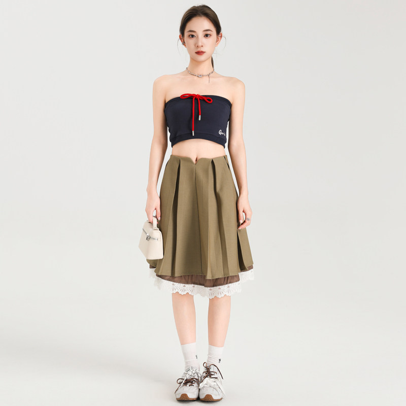 QUEEN DATE2025夏季新款藏蓝色袖子绑带短款抹胸橄榄绿蕾丝百褶裙,女装/女士精品,时尚套装,淘宝优惠券,粉丝福利购,淘宝优惠卷