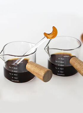 木柄玻璃小奶盅意式浓缩咖啡萃取杯带刻度耐热迷你酱料碟调味醋碟