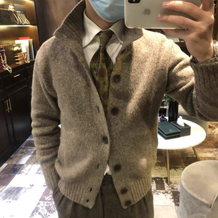 羊驼毛混纺 羊毛 可翻立领 秋冬男士 外套 加厚保暖开衫 老钱风