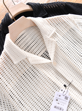 【西班牙/针织缕空-痞雅风】夏季男士时尚百搭古巴领针织短袖衬衫