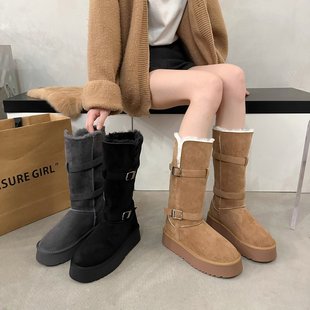 灰色长筒雪地靴女2025冬季新款厚底增高加绒加厚高筒保暖棉鞋子