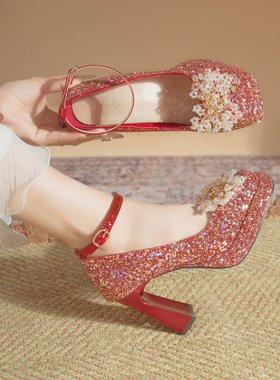 绝美红色婚鞋新娘鞋女禾秀婚纱两穿小个子防水台玛丽珍高跟鞋粗跟