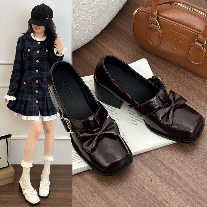 软皮版~英伦风漆皮方头单鞋女皮带扣一脚蹬深口黑色乐福鞋小皮鞋,女鞋,浅口单鞋,淘宝优惠券,粉丝福利购,淘宝优惠卷