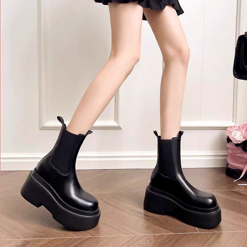 增高12厘米切尔西烟筒靴松糕厚底小个子马丁靴内增高女靴高跟短靴
