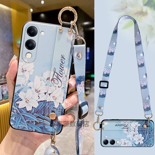 适用vivoY37c手机壳斜挎绳y37pro腕带支架y37中国风y36m防摔y35高级y35m全包y35+硅胶软壳vivy35新款百合妈妈