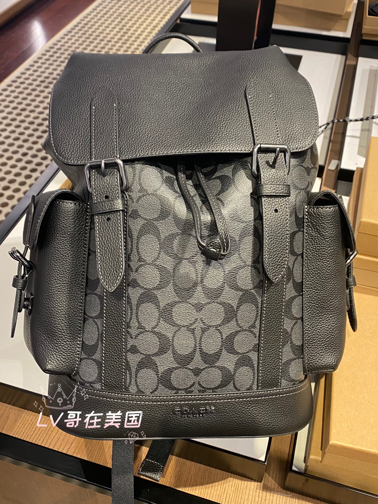 美国代购Coach蔻驰男包真皮PVC老花双肩背包登山包旅行袋大书包