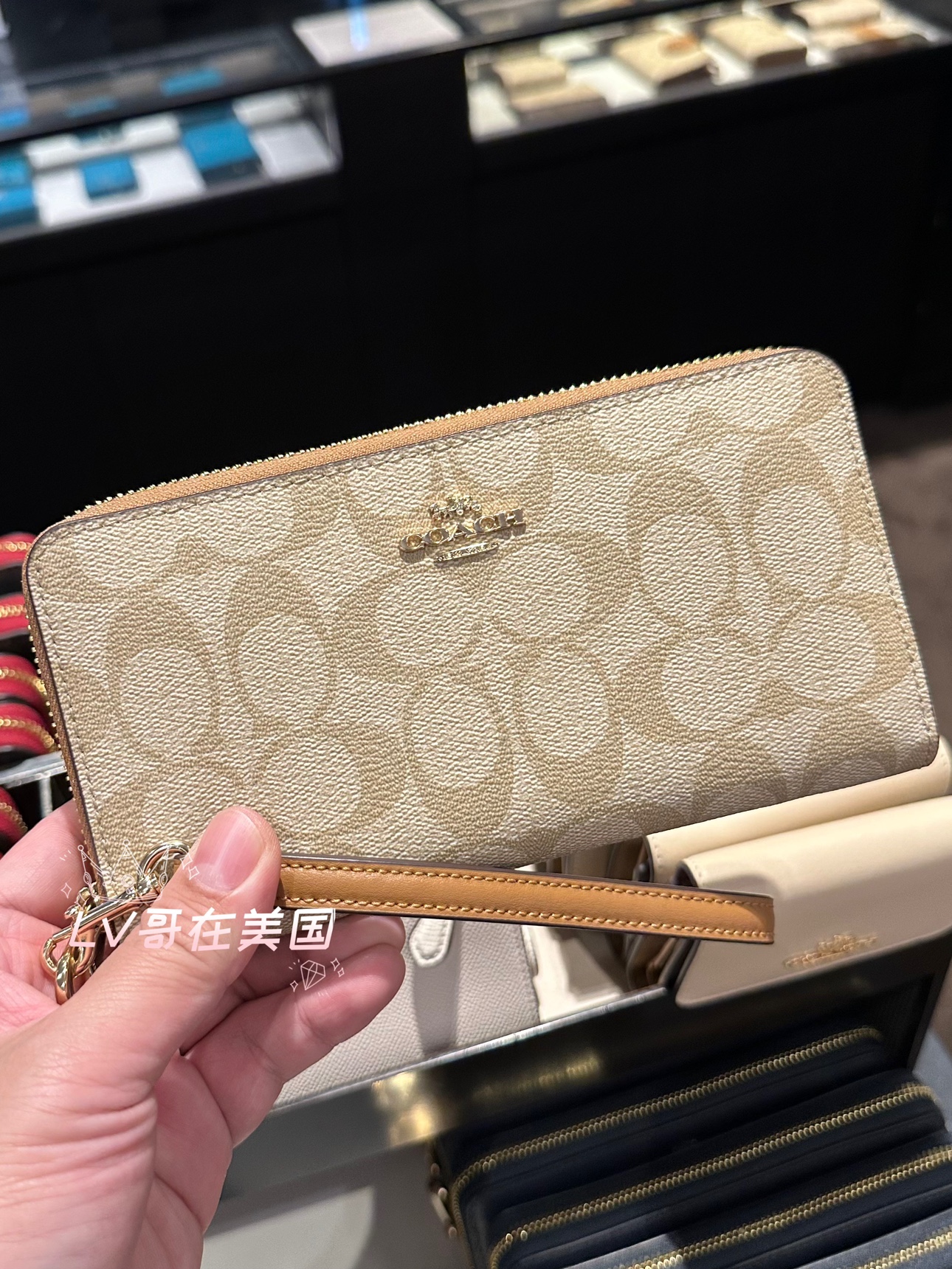美国代购Coach蔻驰女钱包PVC牛皮带手绳多卡位拉链长款钱包皮夹