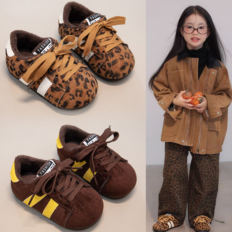 儿童加绒豹纹棉鞋2025秋冬