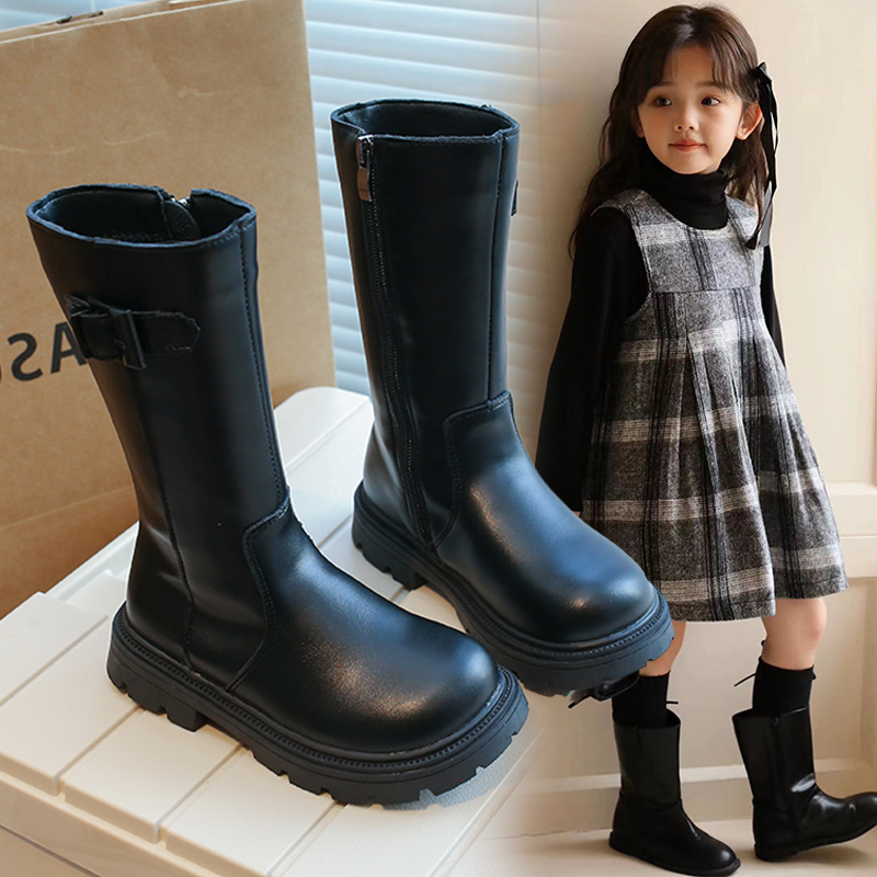 女童皮靴2025秋季新款女孩洋气时尚靴子简约纯色直筒靴百搭软底靴