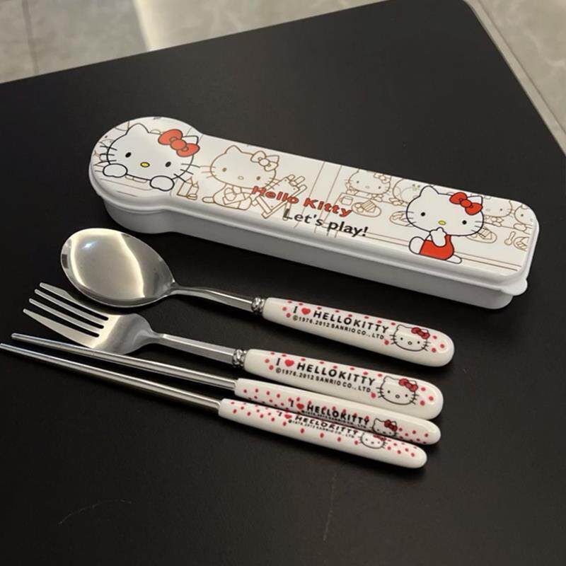 hellokitty不锈钢筷子勺子套装餐具收纳盒一人用便携三件套少女心