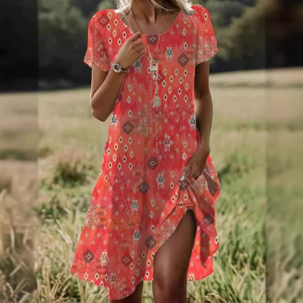 跨境亚马逊速卖通独立站夏季热卖文艺民族风大圆领中长款连衣裙