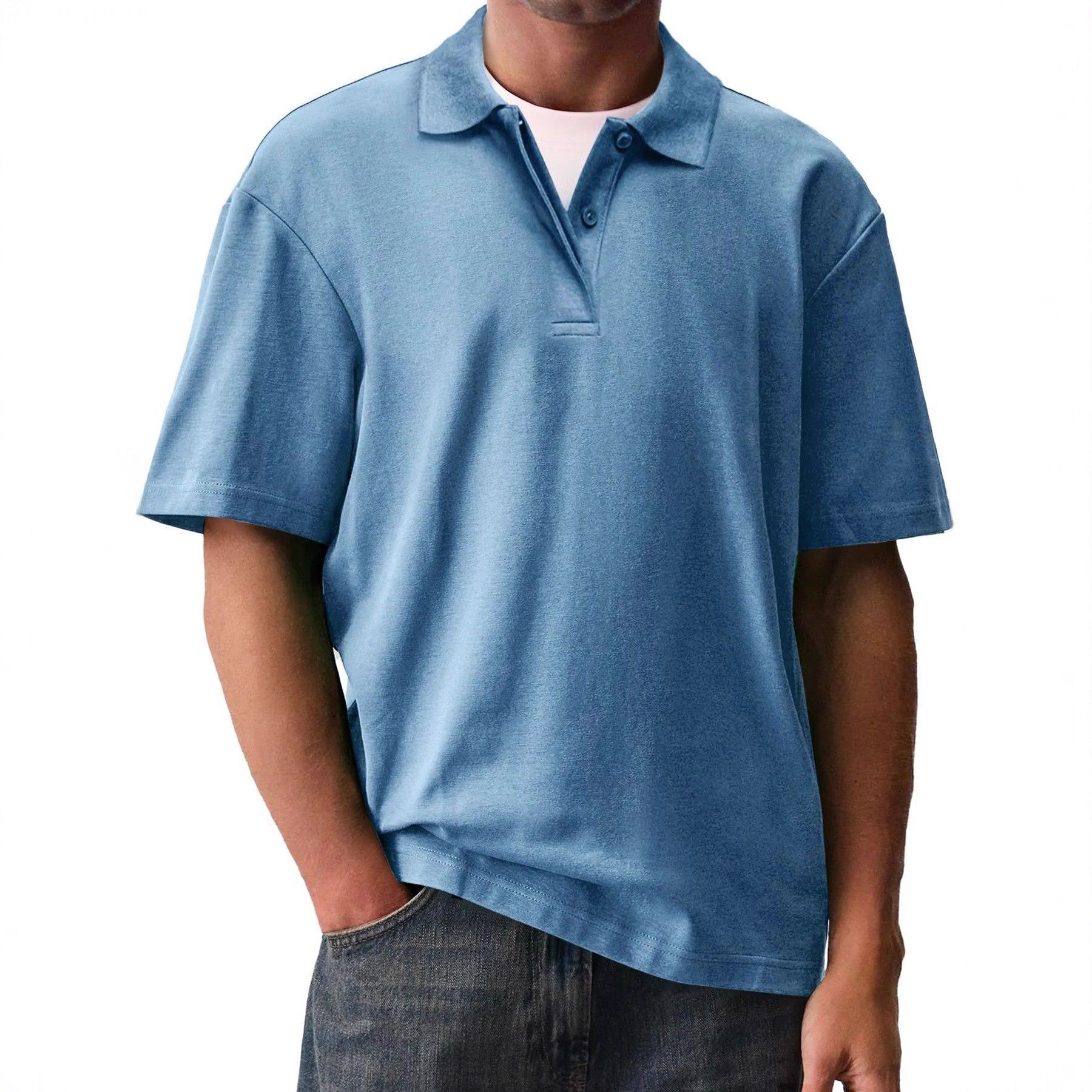 独立站亚马逊欧美夏季短袖恤领纽扣男士休闲上衣衫