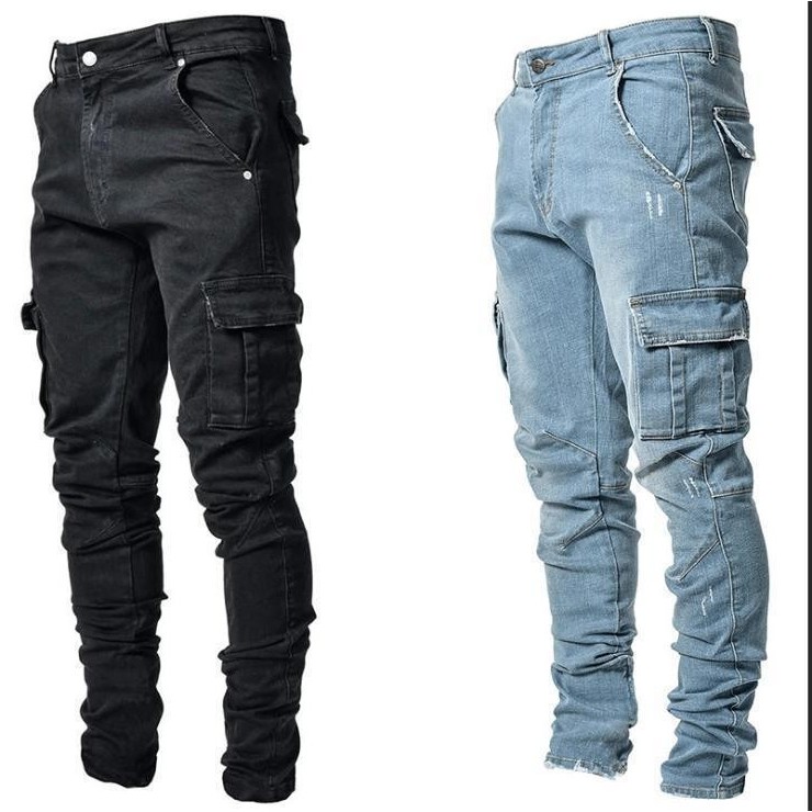 现货 欧美跨境新款牛仔裤男士侧面口袋小脚紧身牛仔裤