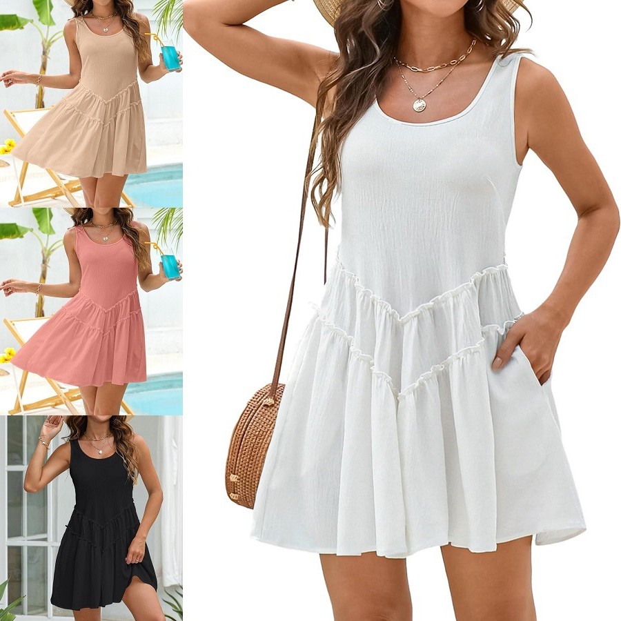 欧美跨境女装亚马逊新款优雅沙滩防晒裙领型花边口袋连衣裙