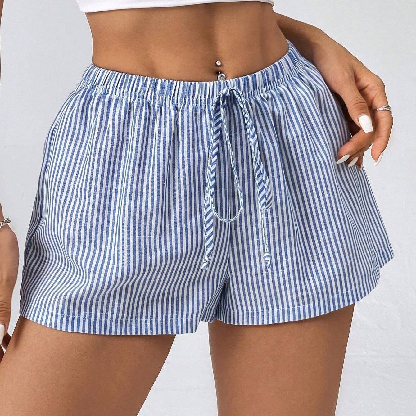 跨境外贸纯欲风基础浅色条纹松紧系带休闲百搭居家裤少女宽松显瘦