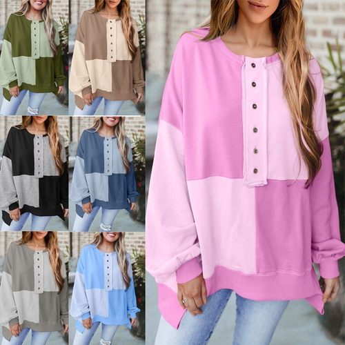 秋冬季跨境欧美亚马逊外贸新款休闲拼接长款翻领卫衣女上