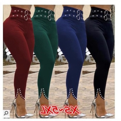 春新款欧美纯色高腰紧身小脚裤开叉铆钉双排扣性感提臂打底长裤女