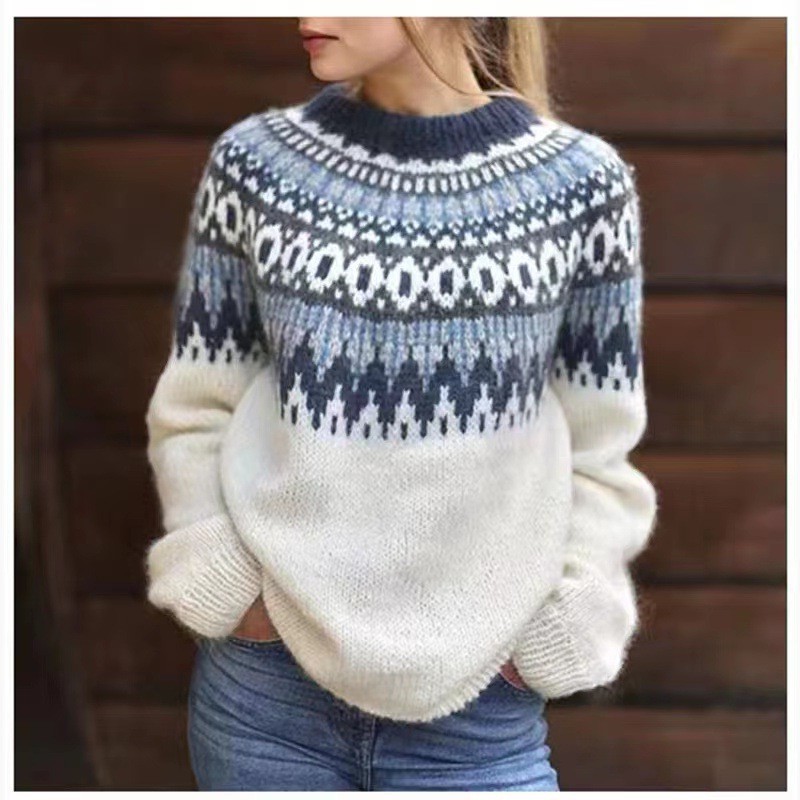 亚马逊欧美秋冬季爆款女装毛衣腈纶粗针加厚提花毛织衫